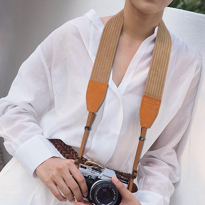 Padwa Lifestyle Camel Corduroy Camera Strap - 2" Double Layer Full Grain Cowhide Leather Head Camera Straps for Photographers, Unique Soft Corduroy Fabric with Quick Release fits all Cameras