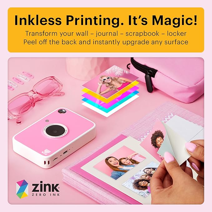 Kodak Printomatic+ Instant Print Digital Camera (Pink) 10MP Portable Camera with Interactive RGB LED Status Indicator, Prints Full-Color Photos on Zink 2x3” Sticky-Backed Photo Paper - Easy & Fun