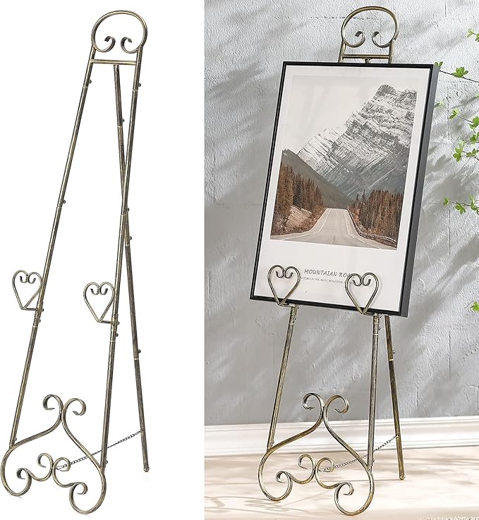 56" Extra Large Adjustable Vintage Floor Easel Stand with Chain Support, Heavy Duty Metal Foldable Display Easel for Wedding Signs Mirrors & Art