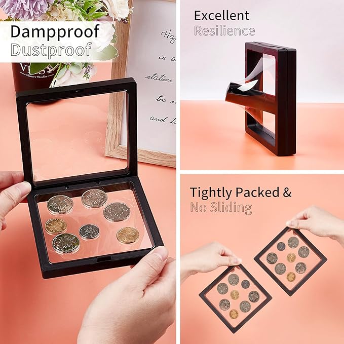 4Pcs 3D Floating Frame Display Holder Stands, Black for Ring Necklace Bracelet Earring Military Challenge Coin, 4.33x4.33 Inch