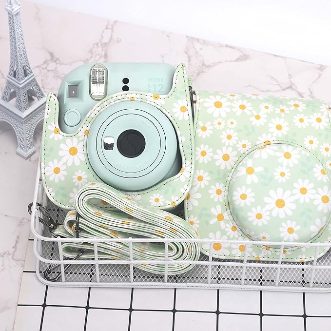 Frankmate Protective Case Compatible with Fujifilm Instax Mini 12 11 9 8 Instant Film Camera with Pocket and Adjustable Strap (Green Daisy)