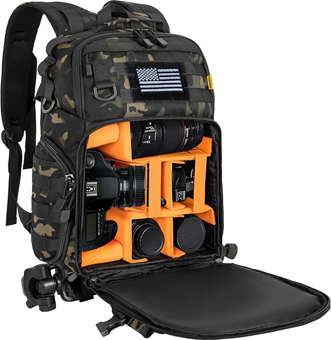 TORIBIO Camera Backpack for DSLR/SLR/Mirrorless Photography Camera, Water-resistant Tactical Camera Travel Bag Backpack Case with 15.6" Laptop Compartment, Tripod Holder