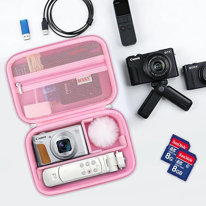 BOVKE Carrying Case for Canon G7X Mark III Mark II, PowerShot SX740 SX730, Sony ZV-1 II/ZV-1F Compact 4K Vlogging Digital Camera Travel Storage Bag for Tripod Microphone Cameras Accessory, Pink