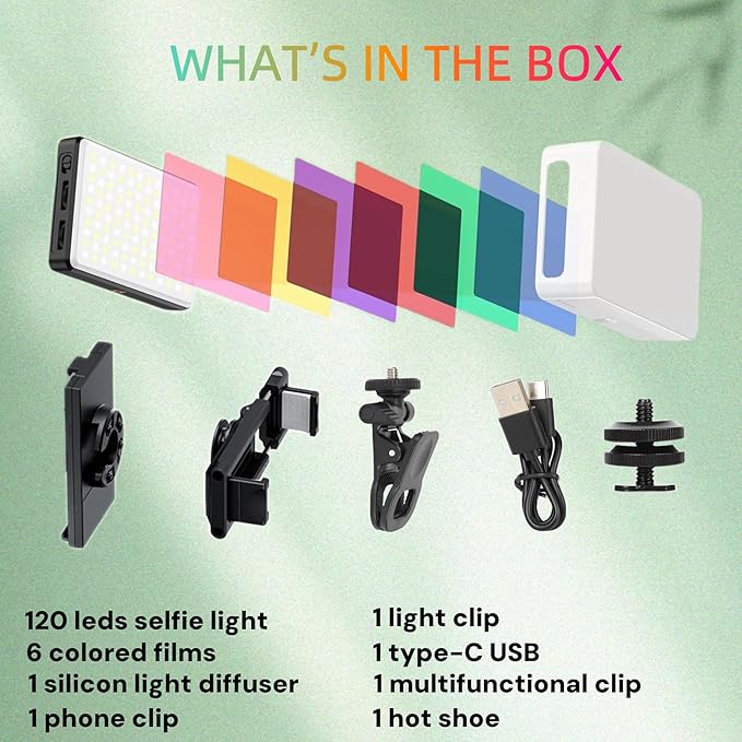 Clip-on Selfie Phone Light Video Recording – 120 Rechargeable CCT LEDs with 6 Color Filters, Light Diffuser, Clip Mount, Hot Shoe - for Phone, DSLR, Laptop, Zoom and Streaming