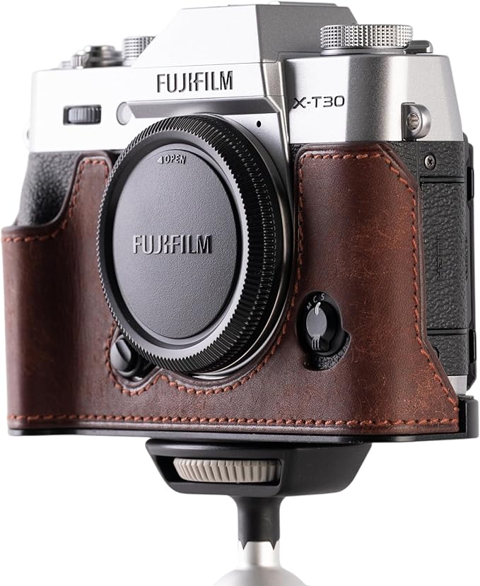 Handmade Genuine Leather Camera Half Case for FUJIFILM X-T30III /FUJIFILM X-T30III Camera Case/FUJIFILM X-T30III Case - Top Layer Cowhide Body + Metal Base Plate (Matte-Brown)