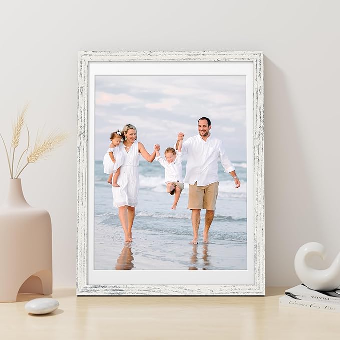 Vittanly 12x16 Picture Frame, Made of Solid Wood and Shatterproof Plexiglass, Display Pictures 11x14 with Mat or 12x16 without Mat, Wooden Photo Frame for Wall Mounting, Distressed White, 1 Pack