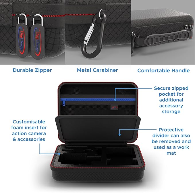 DigiCharge Action Camera Carrying Case – Fits GoPro Lit Hero 13, 12, Max 2, DJI Osmo Action 5/4 & More – EVA Hard Shell Travel Bag with Mesh Pocket, Foam Cut-Outs & Work Mat – 7×6×2.5 Inches