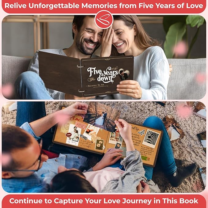 Stofinity 5 Year Anniversary Wood Gifts For Men Women - Unique 5 Year Wedding Gifts For Husband Wife, Wooden Anniversary Scrapbook Photo Album Journal, Romantic 5th Marriage Gift For Couple