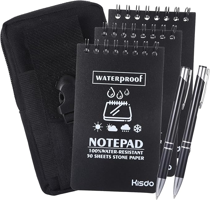 6 Pcs Waterproof Notebook Set, Write in The Rain Notebook, All Weather Notebook, Police Notepad, Field Notes Notebooks, 3 × 5" Pocket Notebook with Pen and Cover for Outdoor Activities Recording Black