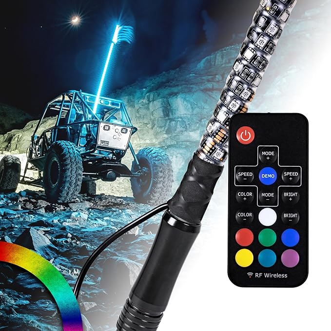 True Mods 5ft Spiral RGB LED Whip Light for UTV ATV [RF Wireless Remote] USA Flag Waterproof LED Lighted Whip CB Antenna Pole Stick for RZR Can-Am Polaris SxS 4x4 Quad Dune Buggy 4 Wheeler Accessories