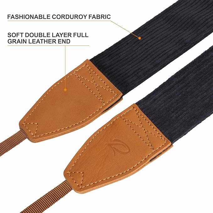 Padwa Lifestyle Black Corduroy Camera Strap - 2" Double Layer Full Grain Cowhide Leather Head Camera Straps for Photographers, Unique Soft Corduroy Fabric with Quick Release fits all Cameras