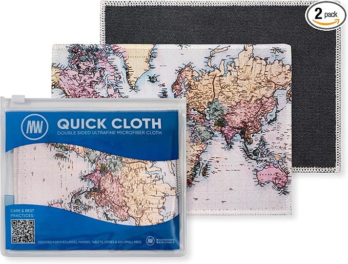 Quick Cloth Microfiber Glasses Cleaning Cloths – 5x7, World Map, 2 Pack with Case | Double-Sided Lens Cleaner for Eyeglasses, Camera, Screens & Glass | Reusable Microfiber Glass Polishing Cloths