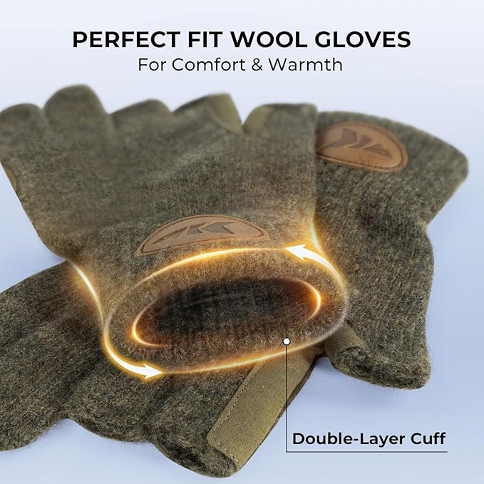 KastKing Bully Wooly 3-Cut Fingerless Wool Fishing Gloves, Cold Weather Warm Winter Gloves for Men & Women, Ice Fishing