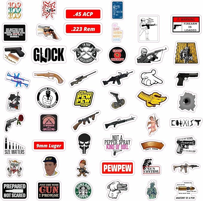 BulbaCraft 100Pcs Funny Gun Stickers, Firearm Stickers, Guns and Ammo Decals, Tactical Military Army Laptop Decals, Gifts for Women & Men