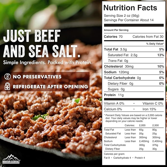 MOUNTAIN ESSENTIALS All Natural Canned Ground Beef 28 Oz Fully Cooked, Ready to Eat Hamburger Meat – Pantry Staple for Everyday Meals, Emergency & Survival – 5-Year Shelf Life – Made in USA – 12 Pack