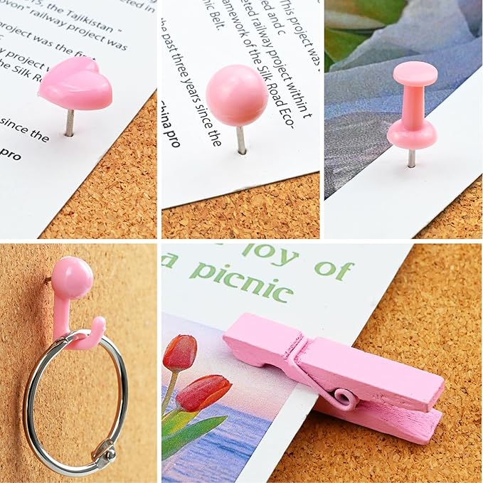 260 Pcs Push Pins Set 5 Styles Pink Thumb Tacks Cute Push Pins for Bulletin Board, Cork Board