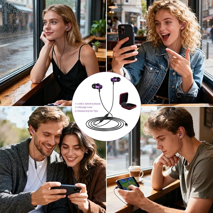 APETOO USB C Wired Earbuds for iPhone 17 16 15 Pro, Magnetic Type C Headphones with Mic Volume Control for Samsung S25 S26 S23 S22, Stereo Noise Canceling In-Ear Ear Buds for iPad 10 Pixel 9 8, Purple