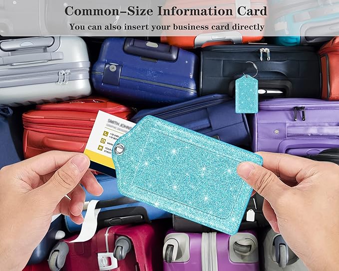 (Set of 2) Luggage Tag Leather Privacy Cover ID Label Address Card with Stainless Steel Loop, Travel Bag Tags Suitcase Labels, Blue Green Glitter