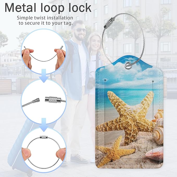 3 Pack Luggage Tags,Ocean Beach Starfish PU Leather Luggage Tags for Suitcase,Name ID Labels with Privacy Cover Suitcases and Metal Loop for Travel Bag Suitcase