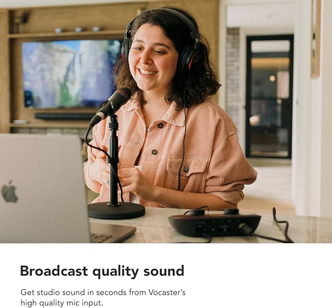 Focusrite Vocaster One — Podcasting Interface for Recording as a Solo Creator. Use Auto Gain, Enhance, and Mute for Easy Podcasting. Small, Lightweight, and Powered by Computer