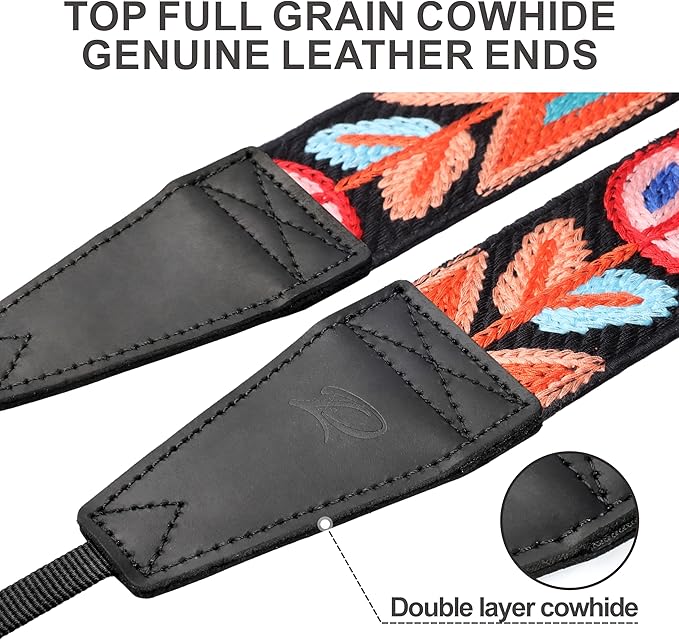 Padwa Lifestyle Colorful Crochet Camera Strap - 2" Full Grain Leather Ends Camera Straps for Photographers, Vintage Woven Cotton Soft Suede Fabric Padded Strap with Quick Release fits All Cameras