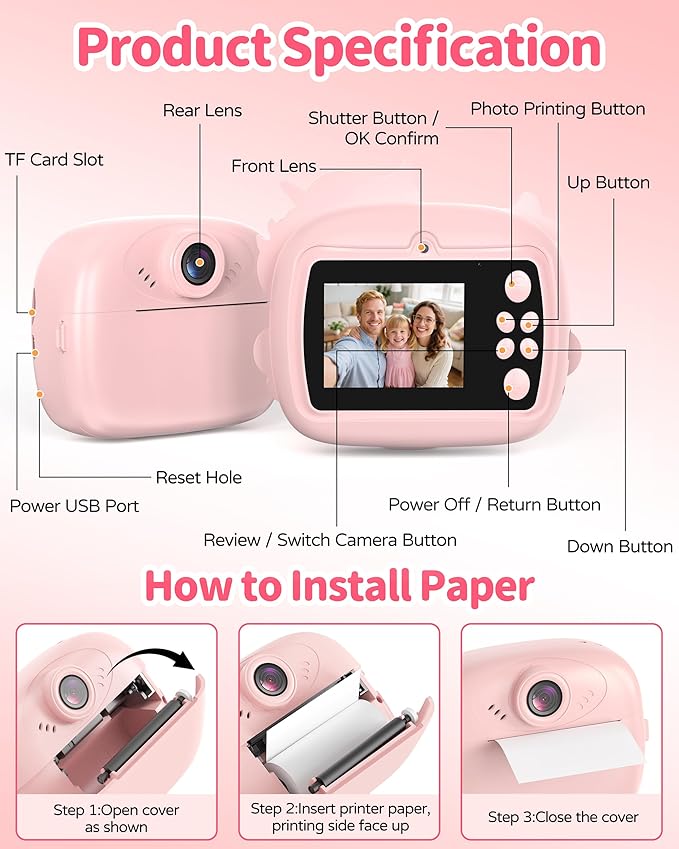 Kids Camera Instant Print, 1080P Digital Camera for Kids with 32GB SD Card, Toddler Girl Toys Birthday Festival Gifts for 3 4 5 6 7 8 9 10 Year Old Girls, Portable Travel Toys for Girls Age 3-10