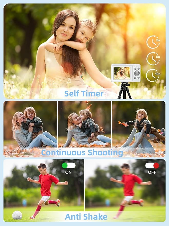 Camkory Digital Camera for Kids，Teens and Starters, FHD 1080P Point and Shoot Camera with 32GB Card 16X Zoom Anti Shake, Gift for Boys Girls Kids, White