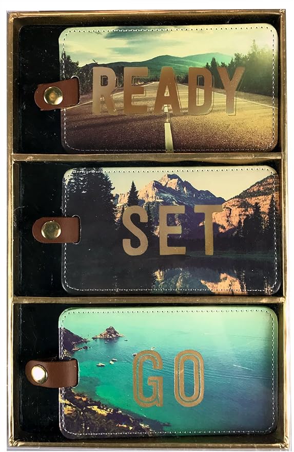 WORLD TRAVELER Luggage Tag Set - 3 Pack Baggage Tags Identifiers with ID Cards - Faux Leather Luggage Tags for Suitcases, Size One Size, Ready Set Go