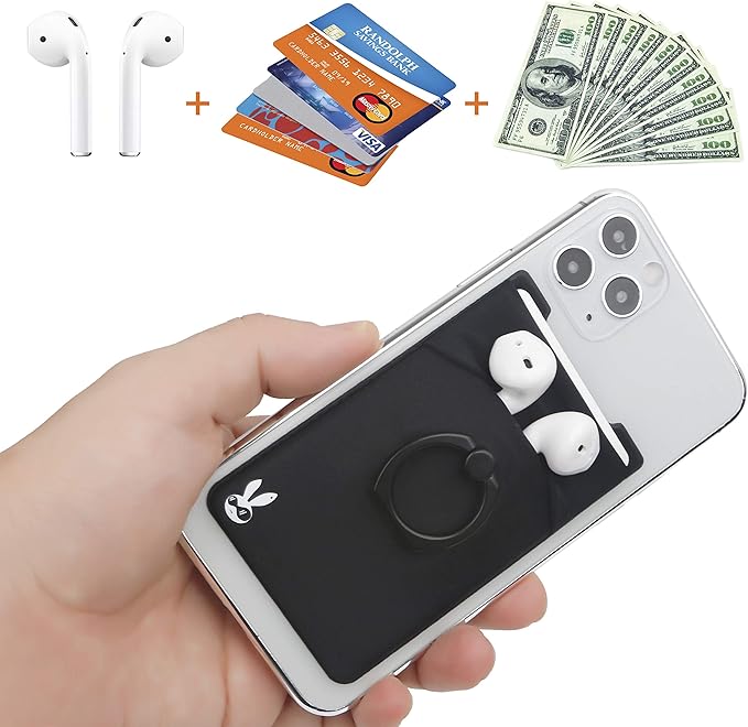 5-in-1 Cell Phone Wallet-Stick On Spandex Ring Card Holder Sleeve Back-Double-Pocket+Magnetic+Finger Grip Strap Loop+Kickstand+RFID Block,Most of Smartphones