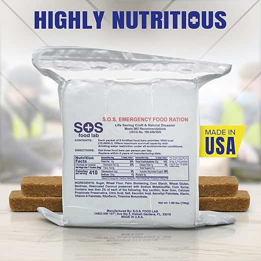 SOS Food Labs, Inc. 185000825 S.O.S. Rations Emergency 3600 Calorie Food bar - 3 Day/ 72 Hour Package with 5 Year Shelf Life, 5" Height, 2" Wide, 4.5" Length, white