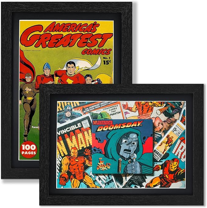 JupDec Comic Book Frame, Premium Wood Display Case for 6 11/16" × 10 3/16" Comic, Wall Mount or Tabletop Stand, Layered Design with Positioning Mat, Perfect for Home Decor, 2 Pack, Black