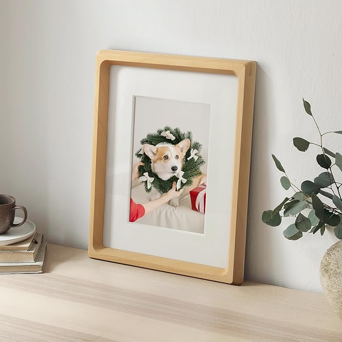 11x14 Picture Frame, USA-Sourced Natural Beech Wood Photo Frame with Tempered Glass, Handcrafted Rounded Corner 11 x 14 Wooden Frame Matted to 8x10 Photos, Hanging Hooks Included