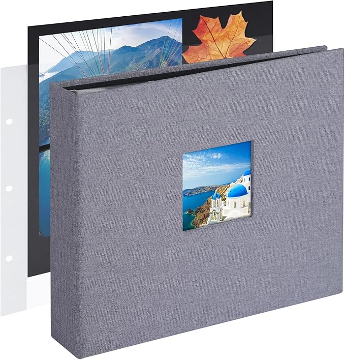 1DOT2 8x8 DIY Small 3 Ring Scrapbook Photo Album Journal with 30 Plastic Sleeves 60 Pages and Fabric Cover for Baby Travel Wedding Couple Anniversary Kids Adventure(Gray Cover/Black Pages)
