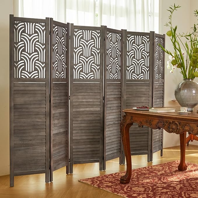 Folding Room Divider, 66.9 Inch 6 Panels Wood Carved Privacy Screens, Free Assembled Freestanding Portable Separation Wall for Home Office Restaurant Bedroom (Gray)