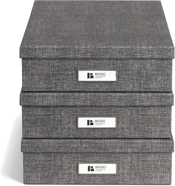 Bigso Oskar Canvas Fiberboard Document Letter Box for Important Paperwork A4 or Letter Size - Durable Keepsake Box with Lid and Metal Label Holder - 3.3in x 10.2in x 13.8in - Melange Grey - 3 Pack