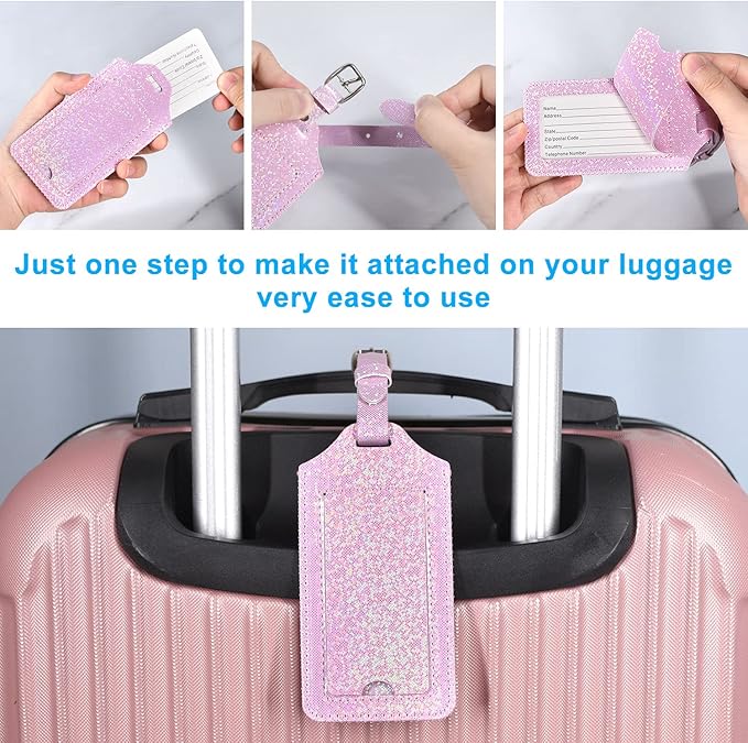 ACdream Luggage Tags 2 Pack, Leather Suitcase Tags Identifiers, Cute Cruise ID Labels with Privacy Cover fits on Backpack, Travel Bag, for Women, Men, Adults, Kids, Light Pink Glitter