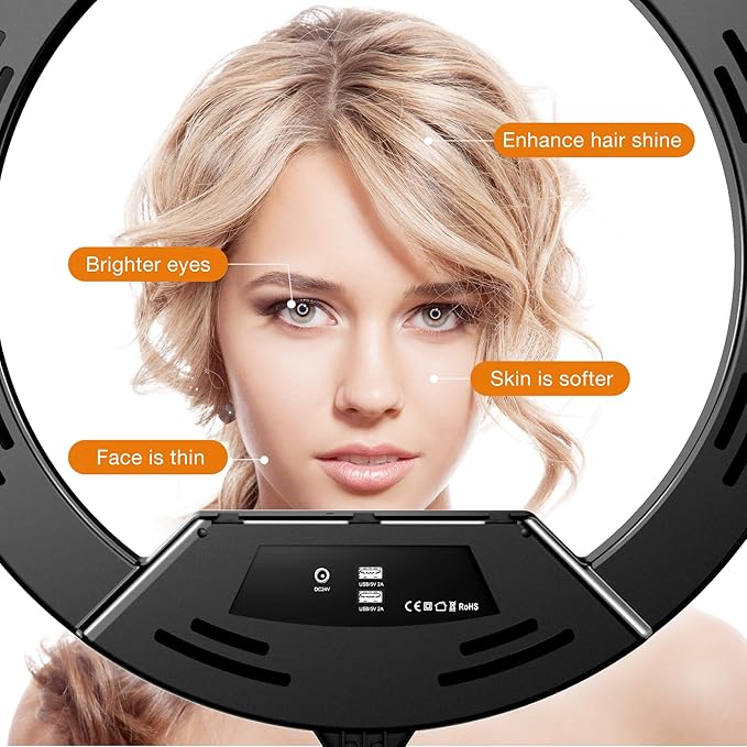 22"Ring Light with Stand,Ring Light Tripod for iPhone ipad,with 75"Tripod/LCD Display/4 ipad iPhone Clips/2 USB Ports,2600K-6500K Color Temperature,for Barber Makeup Tattoo TikTok Video Recording Vlog