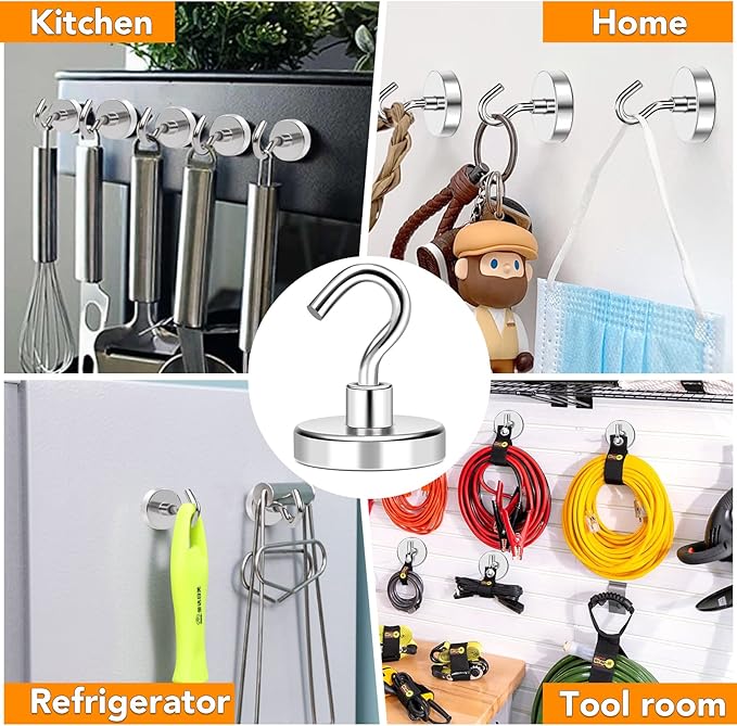 MIKEDE Magnetic Hooks Heavy Duty, 170LB+ Strong Neodymium Magnets for Refrigerator, Large Magnetic Hooks for Hanging, Magnets with Hooks Cruise Ship Essentials for Kitchen, Workplace - 8 Pack