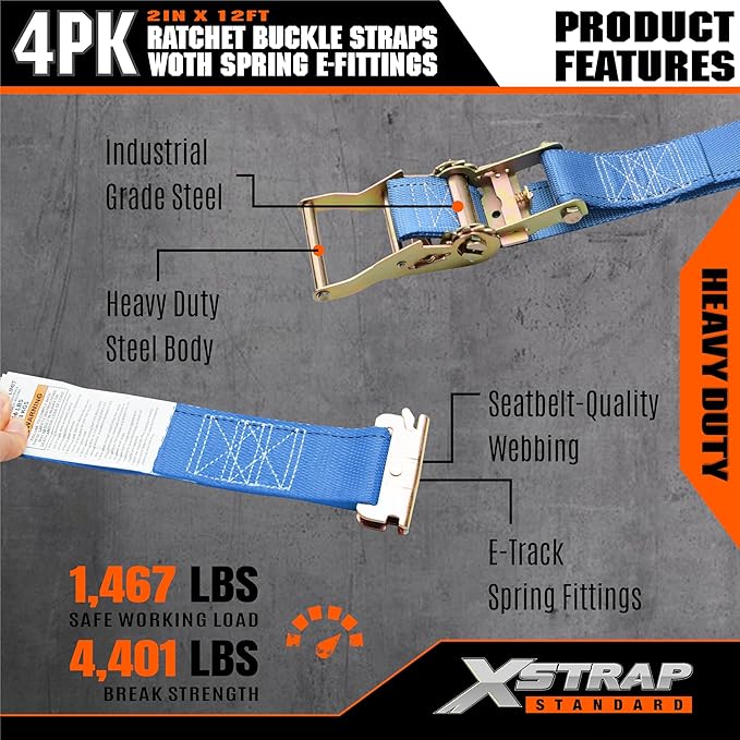 XSTRAP STANDARD 4-Pack 2" x 20' E-Track Ratchet Tie Down Straps 4,401 lbs Break Strength Heavy Duty Cargo Securement for Trailers, Trucks, Vans & Motorcycles with Spring Fittings (Blue)