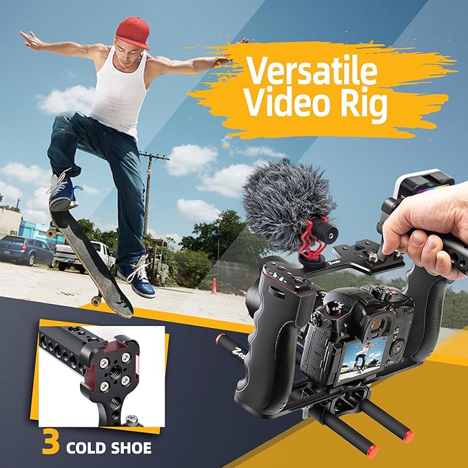 Zeadio Camera Video Rig Cage, Aluminum Filmmaking Movie Making Kit with Top Handle, Arca Type Base, 15mm Rod Guide, RGB Light&Microphone, Compatible with All DSLR Camera and Camcorder