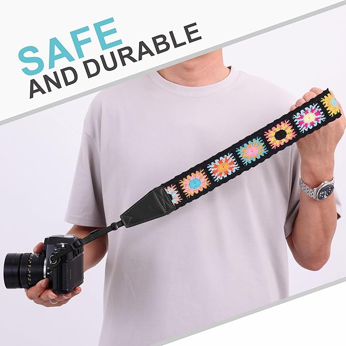 Padwa Lifestyle Colorful Crochet Camera Strap - 2" Full Grain Leather Ends Camera Straps for Photographers, Vintage Embroidered Cotton Soft Suede Fabric Padded Strap Quick Release fits All Cameras
