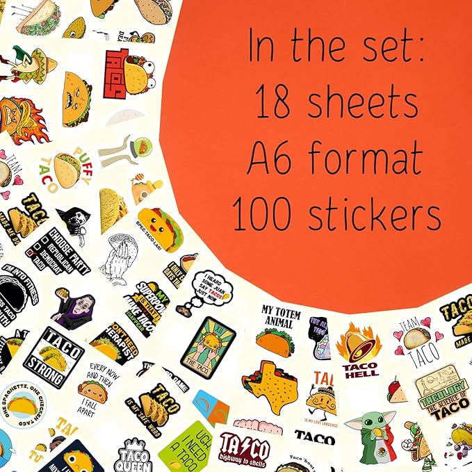BulbaCraft 100Pcs Funny Taco Stickers and Decals for Adults, Taco Party Decorations, Gifts for Women & Men