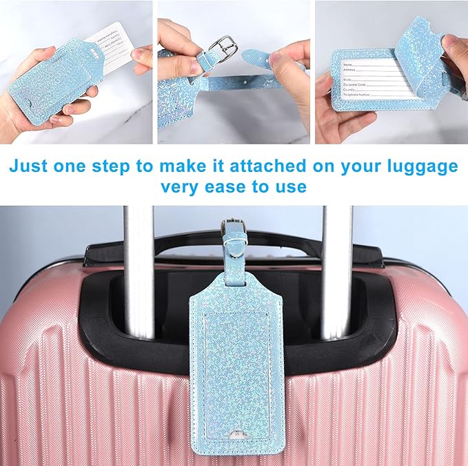 ACdream Luggage Tags 2 Pack, Leather Suitcase Tags Identifiers, Cute Cruise ID Labels with Privacy Cover fits on Backpack, Travel Bag, for Women, Men, Adults, Kids, Sky Blue Glitter