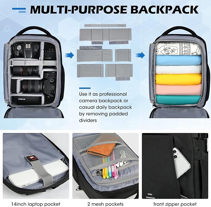 RAINSMORE Camera Bag Professional DSLR SLR Mirrorless Photography Camera Backpack 14 Inch Waterproof Camera Case With Tripod Holder&Laptop Compartment for Canon Nikon Sony for Photographers Black