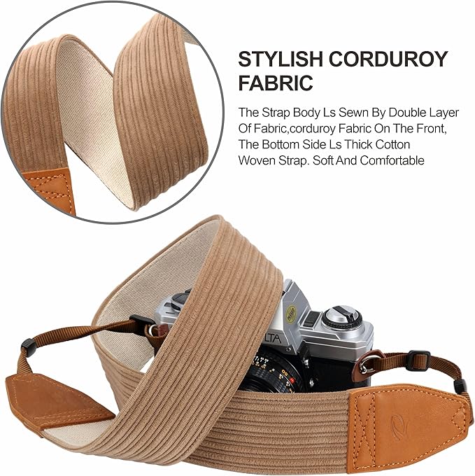 Padwa Lifestyle Camel Corduroy Camera Strap - 2" Double Layer Full Grain Cowhide Leather Head Camera Straps for Photographers, Unique Soft Corduroy Fabric with Quick Release fits all Cameras