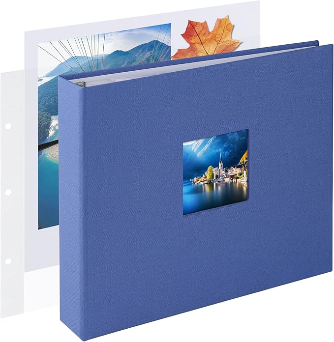 1DOT2 8x8 DIY Small 3 Ring Scrapbook Photo Album Journal with 30 Plastic Sleeves 60 Pages and Fabric Cover for Baby Travel Wedding Couple Anniversary Kids Adventure (Blue/White Pages)