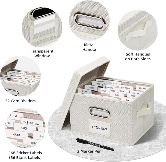 Hiwhy Greeting Card Storage Box, Linen Storage Box with 32 Adjustable Dividers, 168 Labels, 2 Marker Pen, Perfect for Organizing Greeting Cards, Envelopes, Photos 2 Pack Ivory