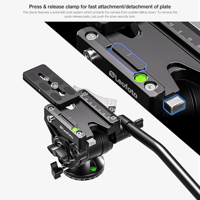 Leofoto Professional Fluid Video Head with Flat Base and Adjustable Handle, Fluid Dampened, 360º Panning with Pan Lock, Heavy Duty for Video Cameras, Weight 0.75kg/1.65lb, Load up to 11lbs (BV-10L)