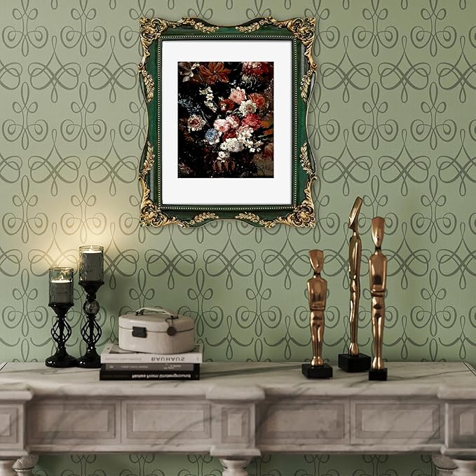 Vintage Green 11x14 Picture Frame with Mat for 8x10 or 11x14 Photos, Real Glass, Ornate Baroque Gothic Victorian Frame for Wall Display