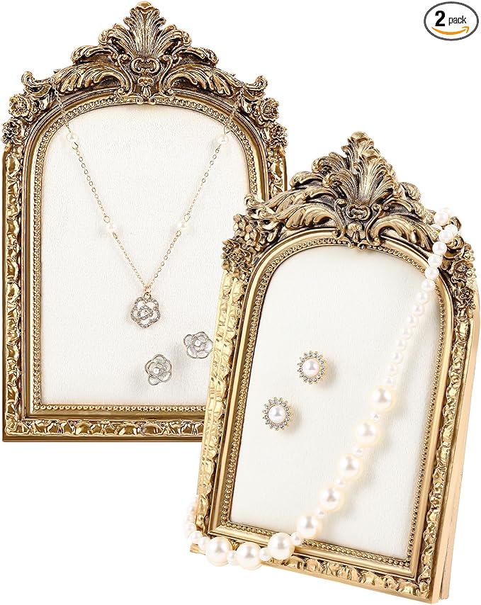 2 Pcs Gold Jewelry Display Stand Vintage Necklace Organizer Ring Holder Earring Tray Resin Jewelry Photography Props Frame with Velvet Backing for Gifts(White,Small,Elegant)